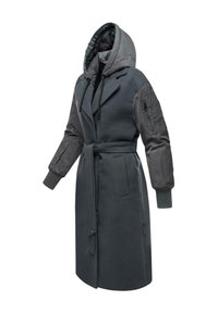 Long dark gray coat with a hood, featuring a wool body and contrasting nylon sleeves. Includes a belt and zippered pockets on the arms.