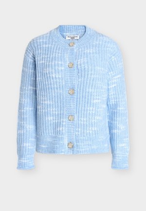 Svetlomodrý pletený kardigán s okrúhlym výstrihom, dlhými rukávmi a piatimi drevenými gombíkmi na prednej strane s textúrovaným vzorom.
