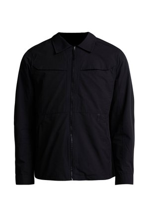 Schwarze Jacke mit langen Ärmeln, Frontreißverschluss, Kragen und dezenten Nahtdetails, vor weißem Hintergrund dargestellt.