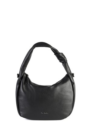 Borsa a spalla in pelle nera con manico annodato e chiusura con zip, caratterizzata da un piccolo logo argentato del marchio sul fronte.