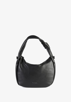 Zwarte leren schoudertas met een geknoopte hengsel en ritsafsluiting, met een klein zilveren merlogo op de voorkant.