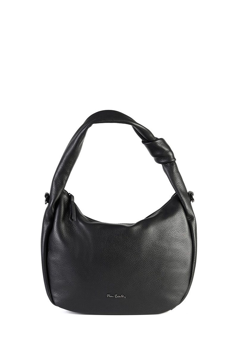 Borsa a spalla in pelle nera con manico annodato e chiusura con zip, caratterizzata da un piccolo logo argentato del marchio sul fronte.