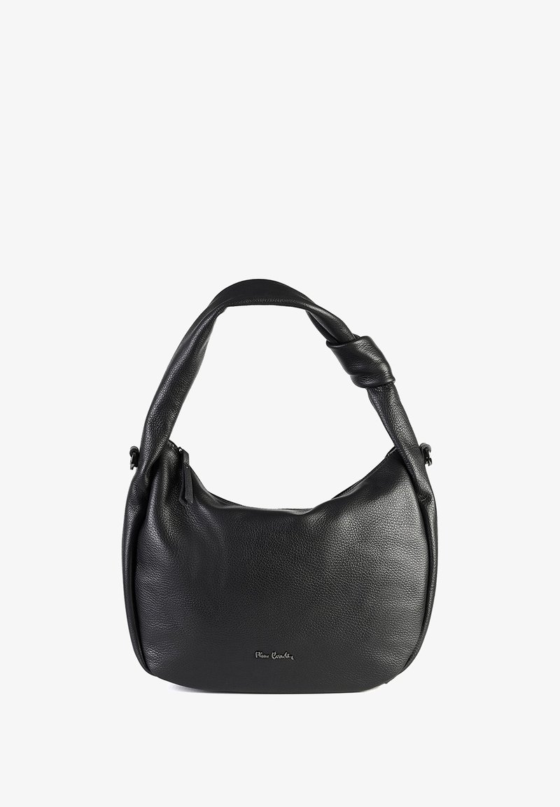 Zwarte leren schoudertas met een geknoopte hengsel en ritsafsluiting, met een klein zilveren merlogo op de voorkant.