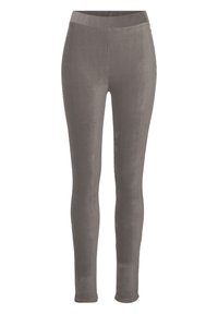 Grijze legging van zacht, rekbaar materiaal met een gladde textuur, voorzien van een hoge tailleband en zonder zichtbare naden.