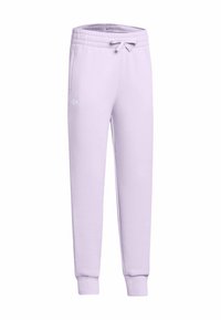 Lilac sporta bikses ar elastīgu jostu, auklu, divām sānu kabatām un apdarinātām apakšmalām. Uz kreisā augšstilba ir neliels logo.