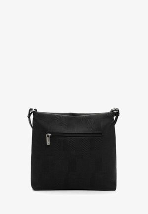 Sac bandoulière noir avec un motif géométrique texturé, une poche avant zippée avec tirette argentée, et des côtés de sangle réglables.