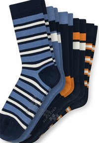 Set aus sechs Socken in verschiedenen Farben: Blau, Marineblau und Orange, mit gestreiften und blockierten Mustern. Weiches Strickmaterial, knöchellang.