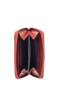 Compact red leather wallet with a zip closure, featuring two compartments lined with dark fabric and a smooth, textured exterior.