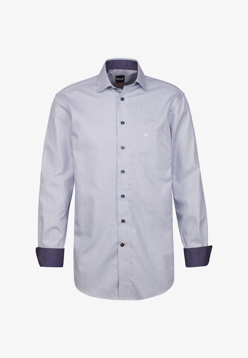 Camicia a maniche lunghe azzurro chiaro con motivo, colletto e polsini blu scuro, dotata di chiusura con bottoni e un taschino sul petto.