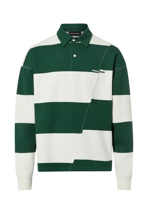 Rugbyshirt met lange mouwen met brede groene en witte horizontale strepen, een kraag, twee knopen en diagonale stiksels aan de voorkant.