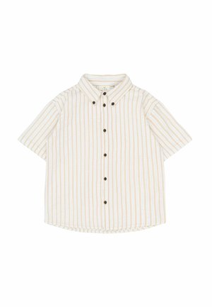Camisa de manga corta con botones en beige claro con franjas verticales blancas y amarillas. Presenta un cuello y botones marrones en la parte delantera.