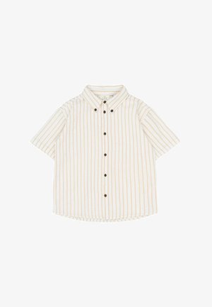 Kurzarm-Hemd in hellbeige mit vertikalen weißen und gelben Streifen. Verfügt über einen Kragen und braune Knöpfe entlang der Vorderseite.