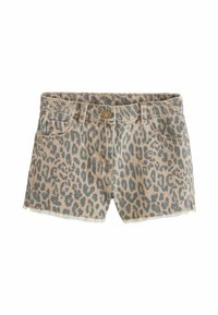 Leopardmönstrade jeansshorts med fransade kanter, med knäppning, vanliga bältesöppningar och framfickor i en beige och grå färgschema.