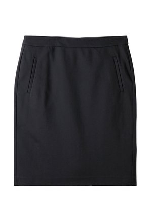 Schwarzer Bleistiftrock aus glattem Stoff, mit frontalen Taschen und geradem Schnitt sowie einem Taillenbund. Keine sichtbaren Muster oder Akzente.
