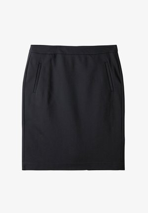 Black pencil skirt made of smooth fabric, featuring front pockets and a straight design with a waistband. No visible patterns or accents.