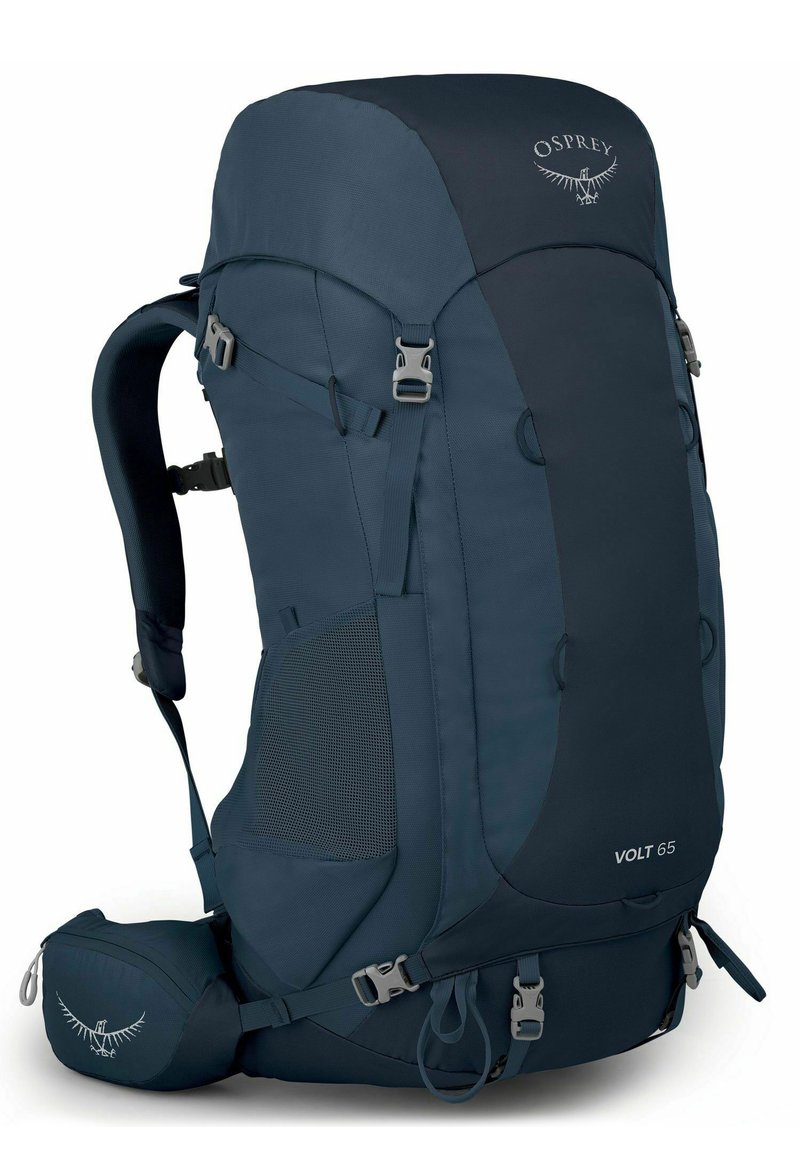 Mochila Osprey Volt 65 en azul oscuro, que cuenta con correas ajustables, bolsillos de malla y múltiples hebillas para un almacenamiento seguro y comodidad.