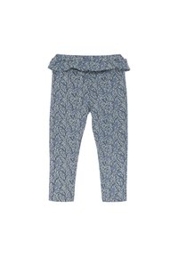 Leggings avec un fond bleu clair présentant un motif floral en blanc et vert, avec une taille froncée en haut.