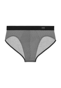 Zwarte en grijze gebloemde slips met een gladde stofstructuur, elastische zwarte tailleband en contrasterende stitching rond de randen.