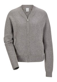 Grauer Strickcardigan mit einem Reißverschluss, gerippte Bündchen und Saum sowie seitlichen Taschen, mit einem V-Ausschnitt-Design und strukturiertem Stoff.