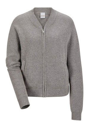 Grijze gebreide cardigan met een ritssluiting, geribde manchetten en zoom, en zijzakken. Hij heeft een v-hals ontwerp en een gestructureerde stof.
