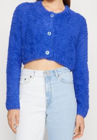 Zkrácený, měkký modrý kardigan s kulatým výstřihem a čtyřmi velkými modrými knoflíky. Nošený přes světle modré džíny s vysokým pasem.