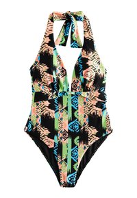 Een badpak met halternek, een levendig geometrisch patroon in roze, blauw, groen en zwart, met een lage rug en uitlopende zijkanten.