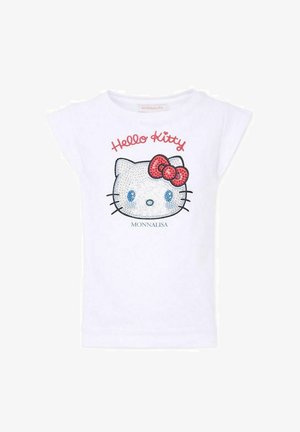 Chemise blanche sans manches pour enfants avec un visage Hello Kitty pailleté, un nœud rouge, et le texte "Hello Kitty" au-dessus, "Monnalisa" en dessous.