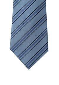 Corbata azul con rayas diagonales en azul oscuro. Textura suave con patrones de diferentes tonalidades. Diseño clásico y estrecho.
