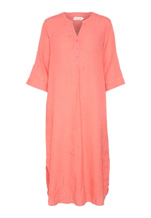 Koralen lanena obleka z okroglim izrezom, rokavi do tri četrtine, zapiranje na gumb in stranske razpoke. Lahka in ohlapna zasnova.