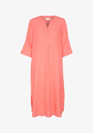 Coral linen dress with a round neck, three-quarter sleeves, button closure, and side slits. Lightweight and loose-fitting design.