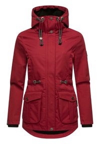 Red jacket with a hood, featuring a drawstring closure, two front pockets, and black accents. Made from a durable fabric with a smooth texture.