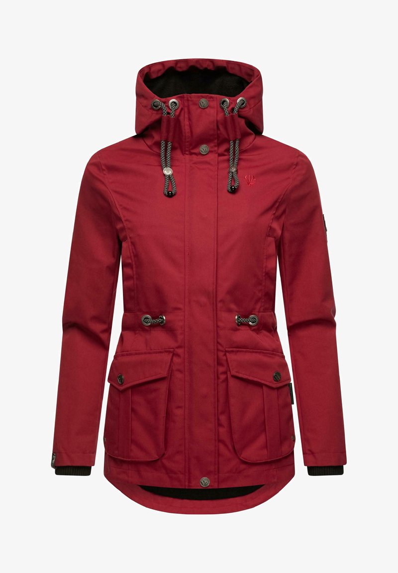 Red jacket with a hood, featuring a drawstring closure, two front pockets, and black accents. Made from a durable fabric with a smooth texture.