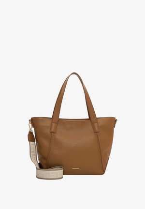 Bruine leren handtas met twee hengsels en een afneembare, beschilderde schouderriem. Heeft een subtiele textuur en een klein logo aan de voorkant.