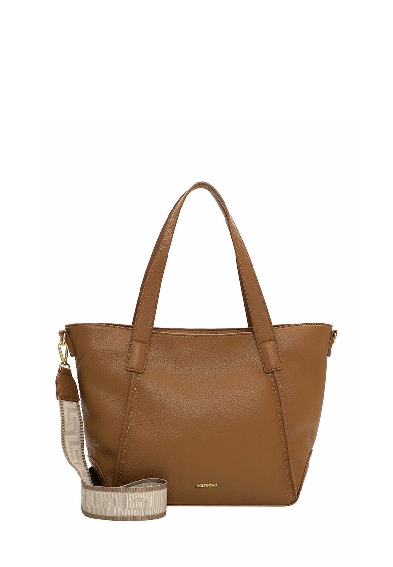 Brązowa torba na ramię z dwóch uchwytów oraz odpinanym, wzorzystym paskiem. Charakteryzuje się delikatną fakturą i małym logo z przodu.