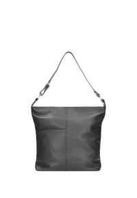Zwarte leren tote bag met een gladde afwerking, voorzien van een enkele verstelbare schouderriem en een voorvak. Eenvoudige, rechthoekige vorm.