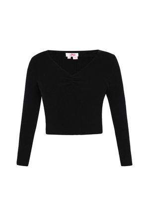 Fekete bordázott cropped top hosszú ujjakkal és V-kivágással. Középen gyűrődés található. Sima textúra és testhezálló dizájn.