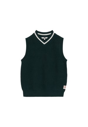 Mørkegrøn strikket ærmeløs sweatervest med V-hals og hvide striber på kraven, med et lille stofmærke på den nederste side.