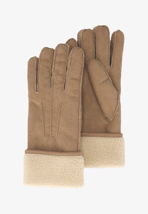 Bruine suède handschoenen met drie gestikte lijnen aan de achterkant en een witte schapenvachtmanchet. Zachte textuur en klassiek design voor warmte en comfort.