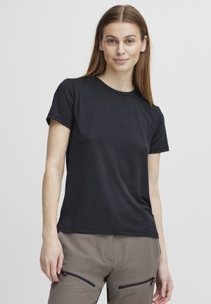 Schwarzes T-Shirt mit kurzen Ärmeln aus glattem Stoff, mit rundem Ausschnitt und figurbetonter Silhouette. Minimalistisches Design ohne Muster oder Akzente.