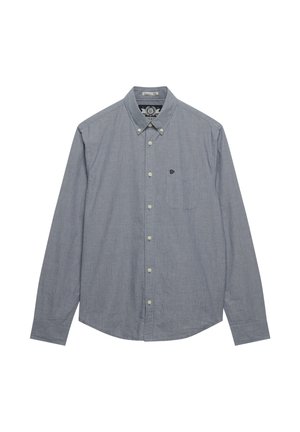 Chemise bleue à manches longues avec boutons, en tissu texturé, dotée d'une poche sur la poitrine gauche et de boutons de couleur claire.