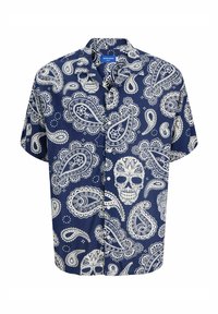 Kortärmad skjorta i marinblått tyg med ett vitt paisley- och dödskalletryck. Klassisk krage med knäppning och avslappnad passform.