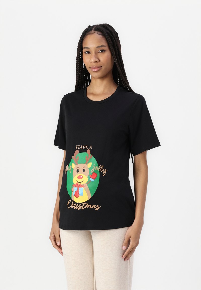 Black cotton t-shirt with short sleeves featuring a colorful reindeer graphic and the text "Have a jolly Christmas" in gold script.