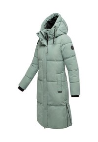 Vadderad jacka i ljus mintgrön, med huva, dragkedja framtill och svarta detaljer vid ärmarna. Quiltad design med sidoficka.