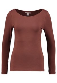 Maglietta a maniche lunghe di un colore marrone solido, con scollatura rotonda e un tessuto liscio ed elastico. Design semplice senza modelli visibili.