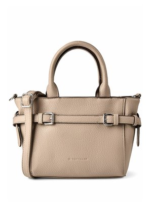 Beige textured handbag with two handles, adjustable shoulder strap with buckles, and a front belt detail, branded "Tom Tailor" at center.