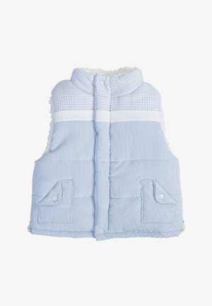 Gilet rembourré bleu avec un motif à carreaux au niveau du col. Il présente des accents blancs et deux poches à pression à l'avant. Texture douce avec une doublure chaude.