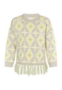 Beige trui met een geometrisch patroon in geel en grijs, met een ronde halslijn en franjes aan de zoom.