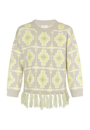 Bežna pulover s geometrijskim vzorcem v rumeni in sivi barvi, z okroglim izrezom in franžno obrobjem.