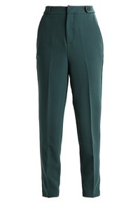 Zielone spodni z wysokim stanem, z dwoma przednimi guzikami i prostym krojem nogawek. Wykonane z gładkiego, lekkiego materiału.