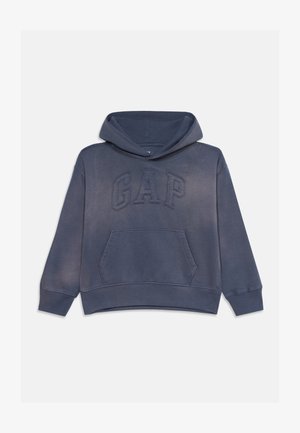Laivastonsininen hupullinen collegepaita, jossa edessä pussitasku ja rinnan yli kirjailtu "GAP"-logo.